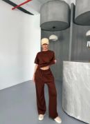 Osy Modal Yumuşak Dokulu Kumaş Kısa Kollu Bluz Rahat Pantalon Ikili Takım- Kahverengi resmi